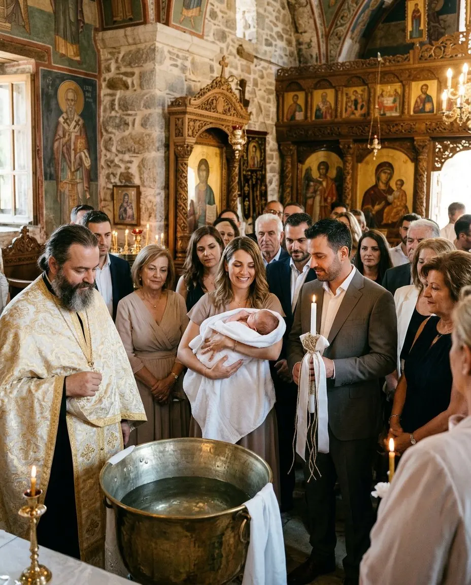 Η νονά κρατά το μωρό δίπλα στην κολυμπήθρα και ο νονός τη λαμπάδα