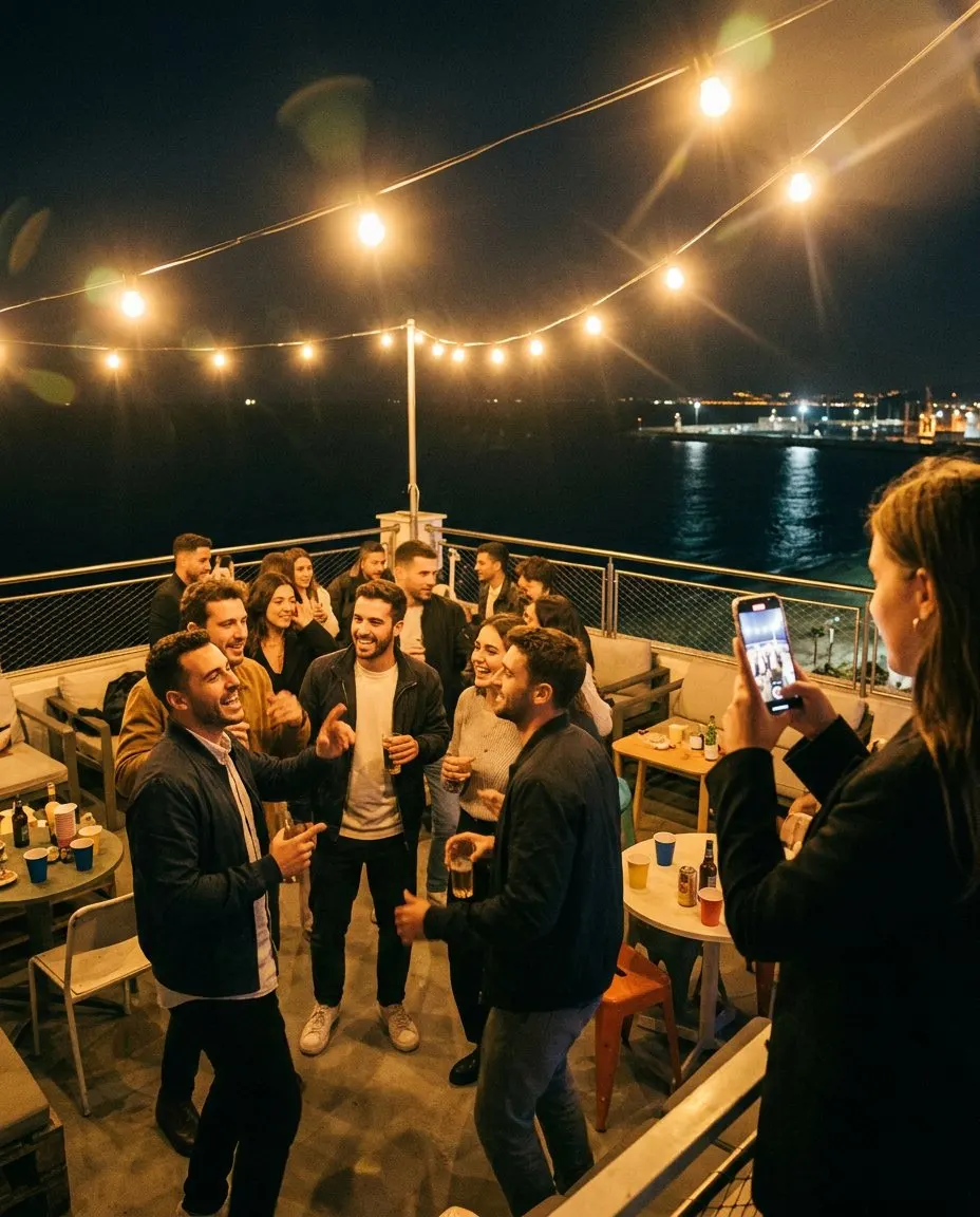 Φίλοι χορεύουν σε πάρτι σε ταράτσα δίπλα στη θάλασσα και ένας τραβάει φωτογραφία